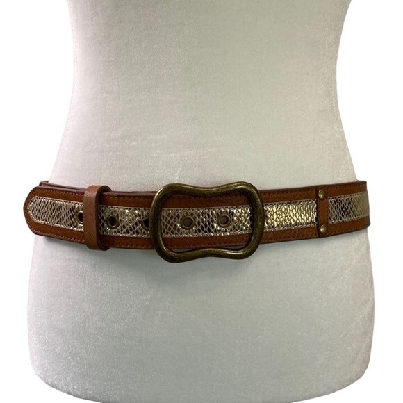 Chico\'s Shiny Gold Faux Snakeskin Brown Leather Belt Antique Brass Hook Buckle main image 13